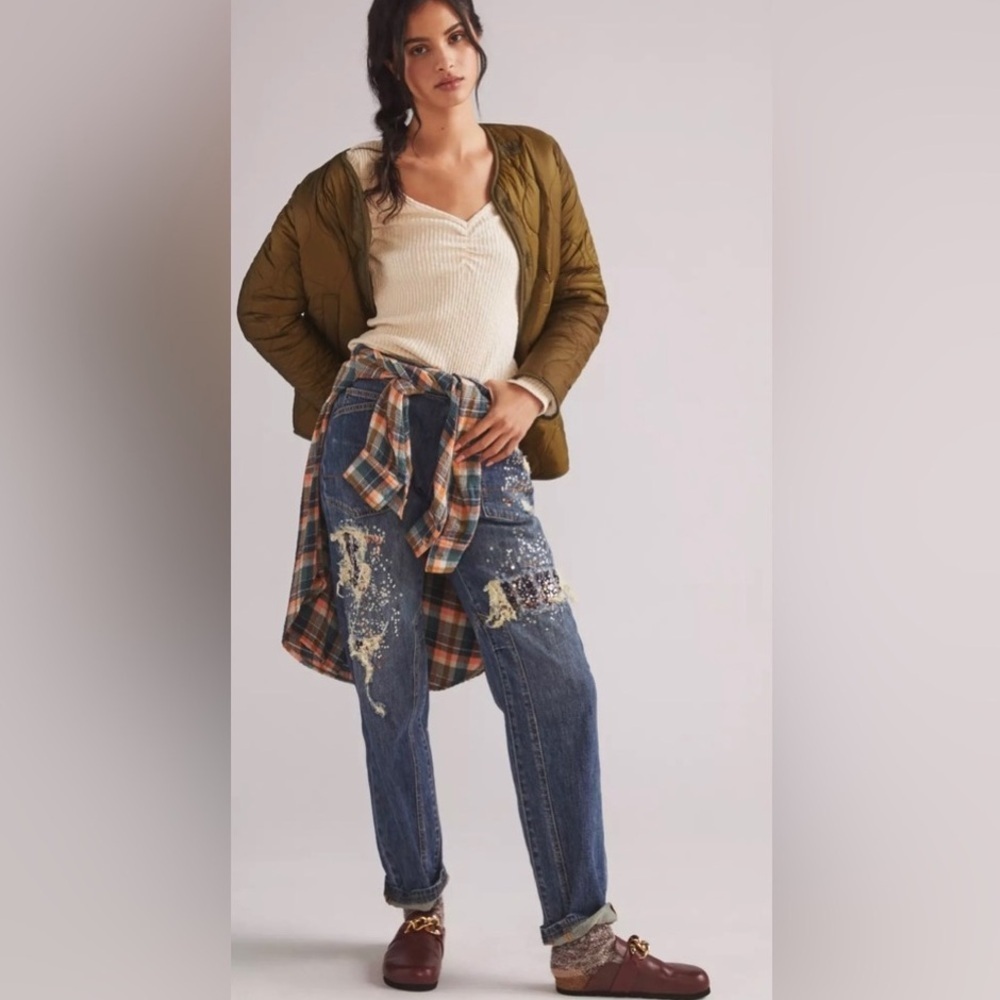 Anthropologie Pilcro The Wanderer Relaxed Distressed Sequin Jeans Sz 26